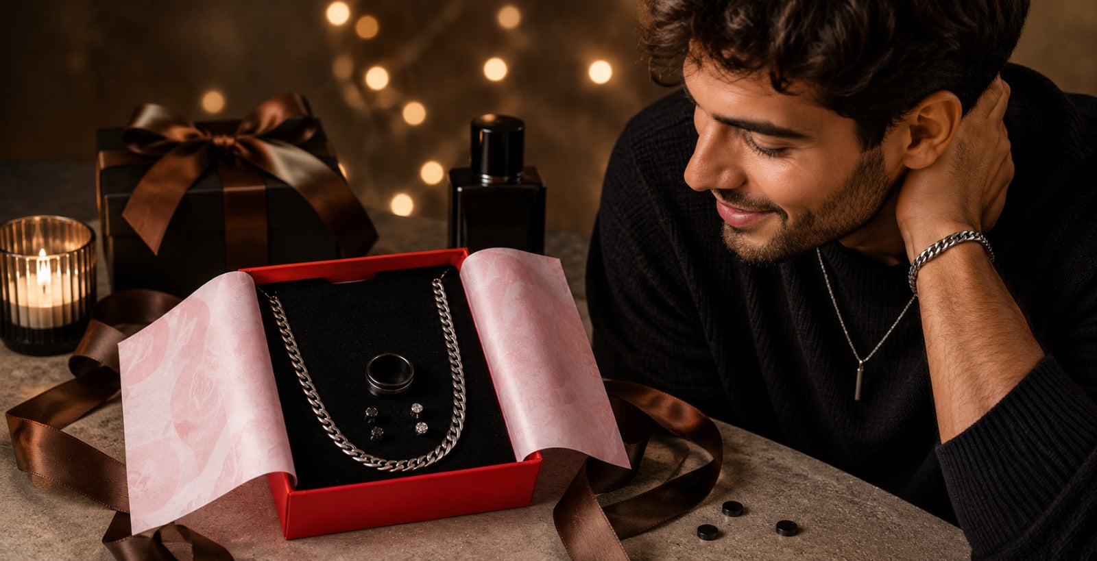 Luxury men’s gift styled with satin ribbon and roses